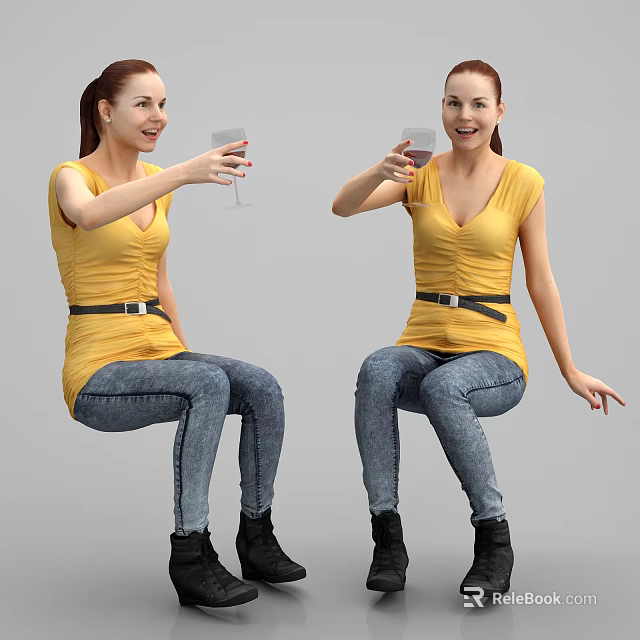 Woman In Yellow Top Blue Jeans Black Belt And Boots Holding Wine Glass 3d model 