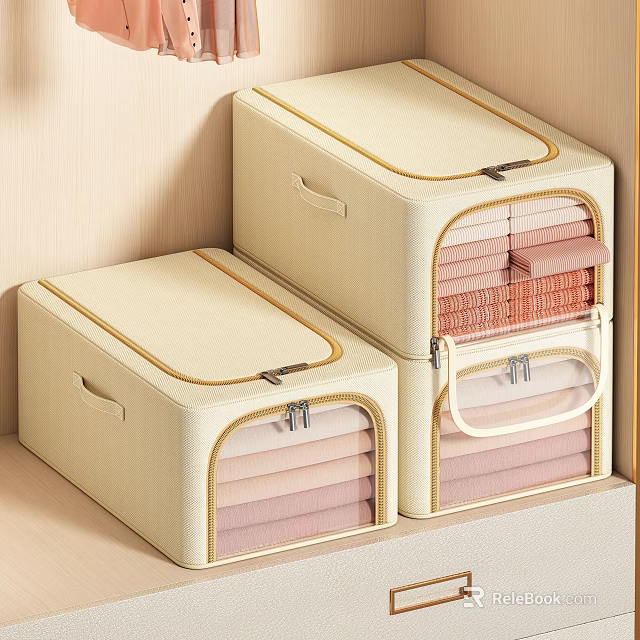 Folded Clothes Stored in Beige Storage Boxes with Clear Window and Zipper 3d model