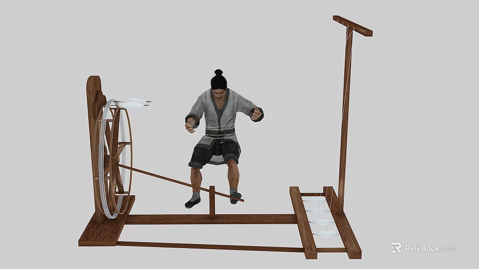 Ancient Wooden Agricultural Equipment With Manual Pedal Operation And Wheel Structure 3d model 