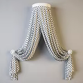 White Sheer Ceiling Drapery with Decorative Knots and Round Ornaments on Light Gray Wall