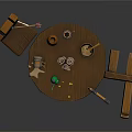Rustic Wooden Dining Table Set with Round Table Handmade Chairs and Tools Items on Top 3d model