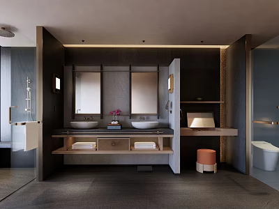 Modern Hotel Bathroom Interior With Double Sinks Mirrors Countertop And Toilet 3d model