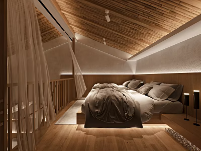 Hotel Guest Room With Wooden Ceiling Canopy Bed Light Gray Bedding And Warm Lighting 3d model
