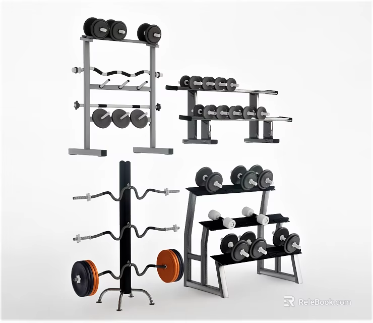 Modern Sports Equipment Display With Dumbbell Racks And Barbell Storage Solutions 3d model 