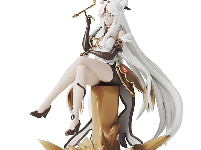 Anime Female Character Figure With White Long Hair Golden Base And Scepter 3d model