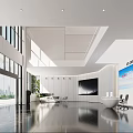 Modern Minimalist Corporate Reception With Sleek White Curved Desk And Spacious High Ceiling Lobby Design