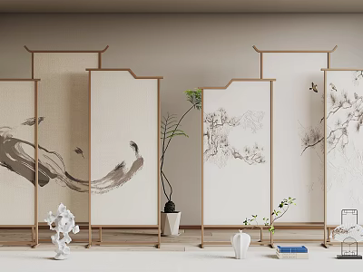 Traditional Chinese Ink Painting Screen With Wooden Frame And Flowers Birds Pattern 3d model