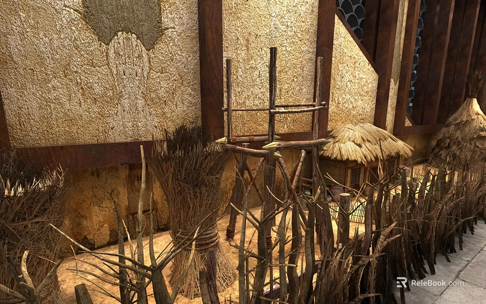 Cultural Center Traditional Folk Culture Display With Straw Crafts Wooden Frames And Earthen Walls 3d model 