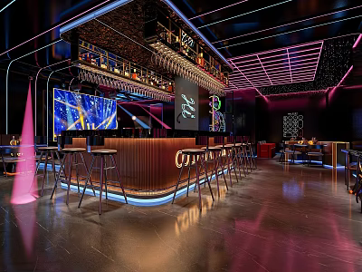 Modern Bar Interior Design With Sleek Counter Stools Neon Lighting And Bottle Displays 3d model