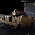 Two Sand Colored Military Tanks With Tracks Parked In Industrial Warehouse