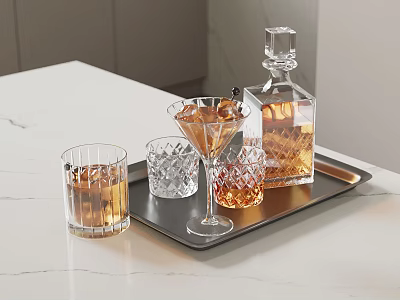 Elegant Whiskey Setup With Crystal Glasses Decanter And Ice On Modern Tray 3d model