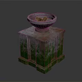 Ancient Stone Pedestal With Bowl Covered In Green Moss Decorative Element