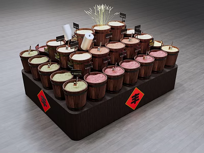 Display Shelf Featuring Wooden Buckets With Various Colored Contents Labels And Fu Decorations 3d model