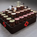 Display Shelf Featuring Wooden Buckets With Various Colored Contents Labels And Fu Decorations