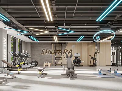 Spacious Modern Fitness Gym Featuring Treadmills Dumbbells And Multi functional Equipment 3d model