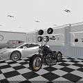 Stylish Parking Garage Interior With Sports Car Motorcycle Bicycle Tires Helmet And Checkered Floor