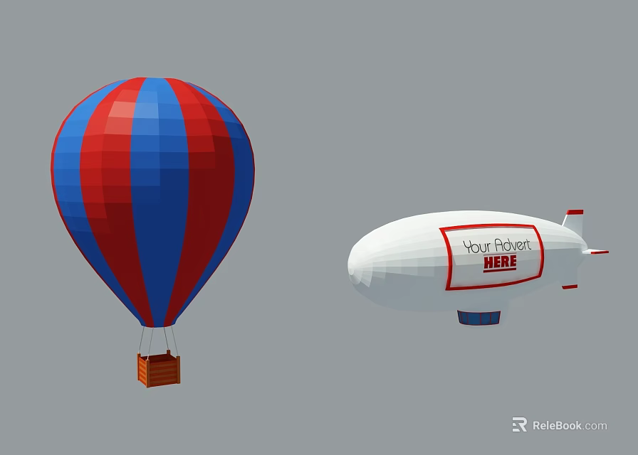 Red and Blue Striped Hot Air Balloon and White Airship with Your Phone HEL Logo 3d model 
