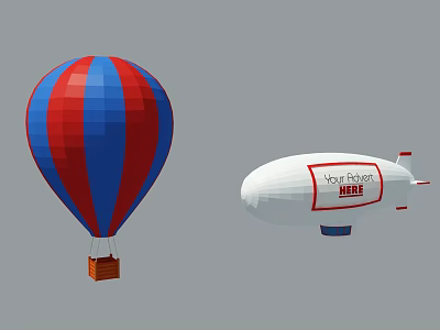 Red and Blue Striped Hot Air Balloon and White Airship with Your Phone HEL Logo 3d model