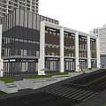 Modern Commercial Street With Glass Facade Buildings Pedestrians High Rise Surroundings Shops and Street Lights