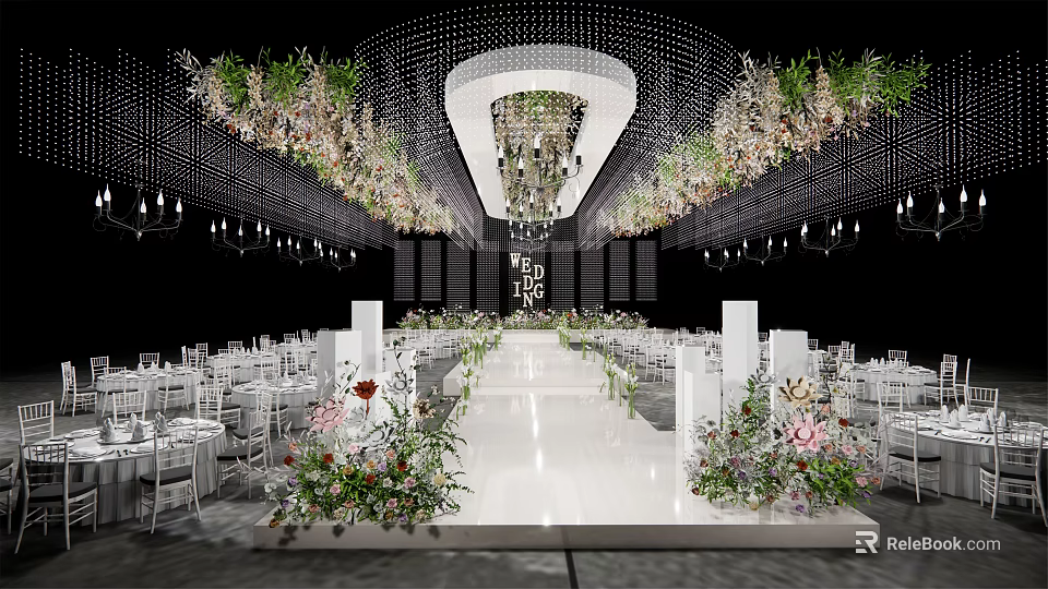 Elegant Banquet Hall Decorated With Floral Arrangements Chandeliers And White Aisle 3d model 