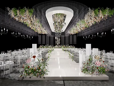 Elegant Banquet Hall Decorated With Floral Arrangements Chandeliers And White Aisle 3d model