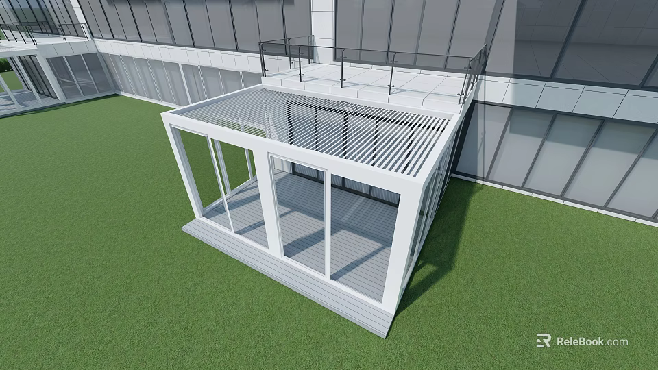 Modern Villa Balcony With Glass Walls White Frame And Green Lawn View 3d model 