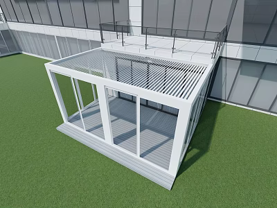Modern Villa Balcony With Glass Walls White Frame And Green Lawn View 3d model