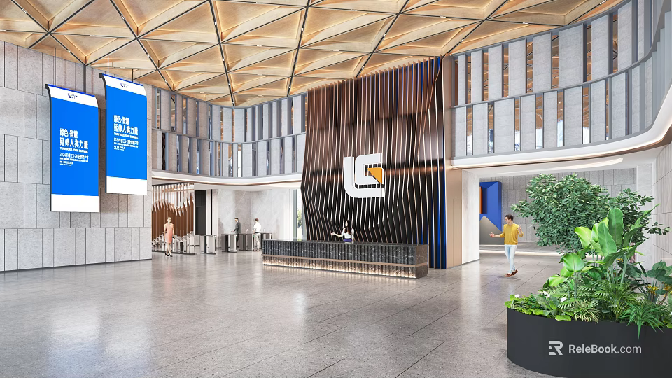 Stylish Spacious Office Lobby Reception Desk With Custom Brand Wall And Luxury Commercial Interior Design 3d model 