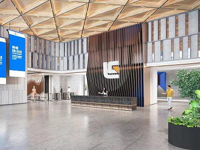 Stylish Spacious Office Lobby Reception Desk With Custom Brand Wall And Luxury Commercial Interior Design 3d model