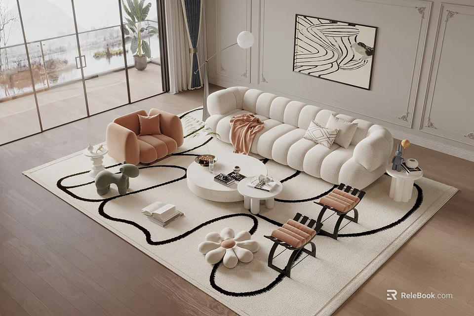 Modern Sofa Coffee Table Set With Soft Upholstery Round Table Decorative Chairs And Area Rug 3d model 