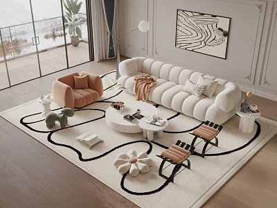 Modern Sofa Coffee Table Set With Soft Upholstery Round Table Decorative Chairs And Area Rug 3d model