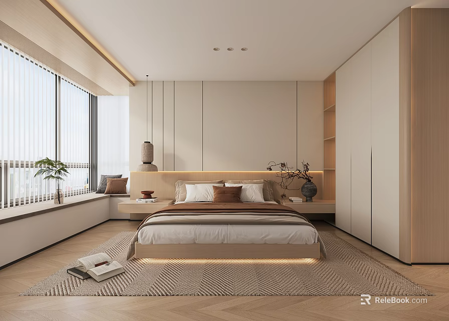Modern Bedroom Interior With Large Windows Bed Bedside Tables And Wardrobe Rug 3d model 
