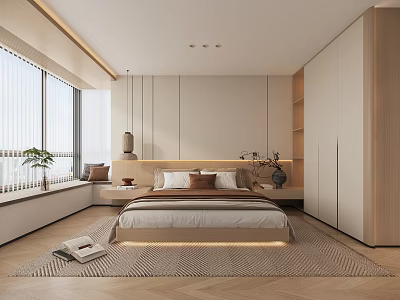 Modern Bedroom Interior With Large Windows Bed Bedside Tables And Wardrobe Rug 3d model