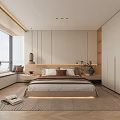 Modern Bedroom Interior With Large Windows Bed Bedside Tables And Wardrobe Rug