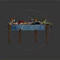Fresh Assorted Food on Wooden Table with Blue Tablecloth Vegetables Bread Fish Bottles and Candles
