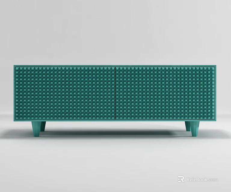 Modern Teal TV Stand with Perforated Grid Pattern Two Doors and Sturdy Elevated Legs 3d model 