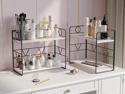 Modern Black Metal Cosmetics Shelving Unit with Multiple Tiers on White Countertop 3d model