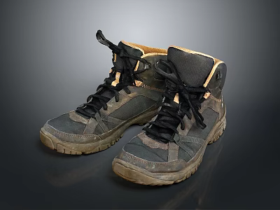 High Top Hiking Shoes Featuring Gray Fabric Upper Durable Sole And Yellow Lining 3d model