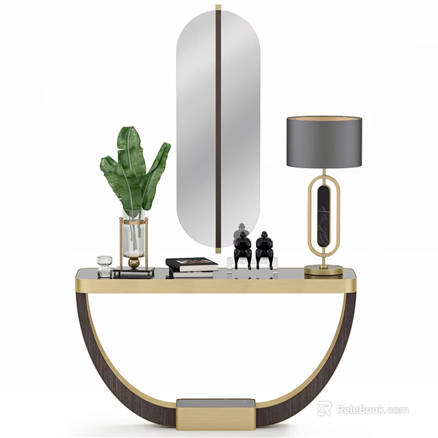 Modern Dining Table With Green Plant Vase Mirror Table Lamp And Decorative Figurines 3d model 