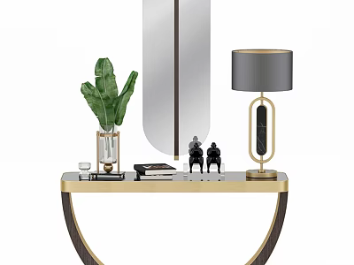 Modern Dining Table With Green Plant Vase Mirror Table Lamp And Decorative Figurines 3d model