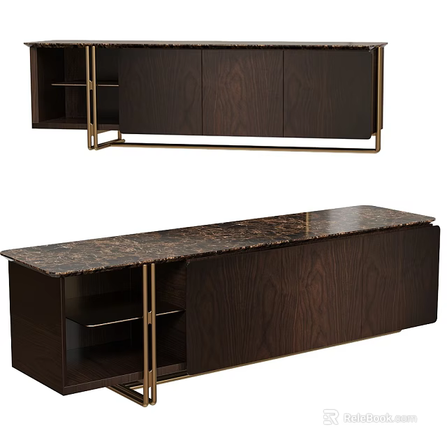 Modern Dark Wood TV Stand With Gold Metal Frame And Marble Top Open Shelves 3d model 