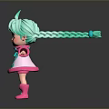 Child with teal pigtails green eyes pink white dress blue patterns pink shoes arms outstretched