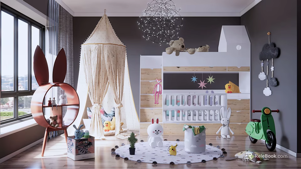 Playful Kids Room Interior With Tented Canopy Bunk Bed Stuffed Toys Chalkboard and Star Decorations 3d model 