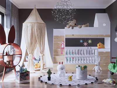 Playful Kids Room Interior With Tented Canopy Bunk Bed Stuffed Toys Chalkboard and Star Decorations 3d model