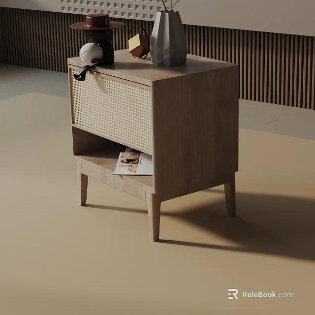 Modern Wooden Bedside Table With Woven Panel Drawer Open Shelf And Magazine Decorative Items 3d model 