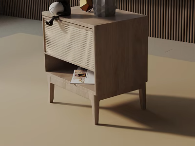 Modern Wooden Bedside Table With Woven Panel Drawer Open Shelf And Magazine Decorative Items 3d model