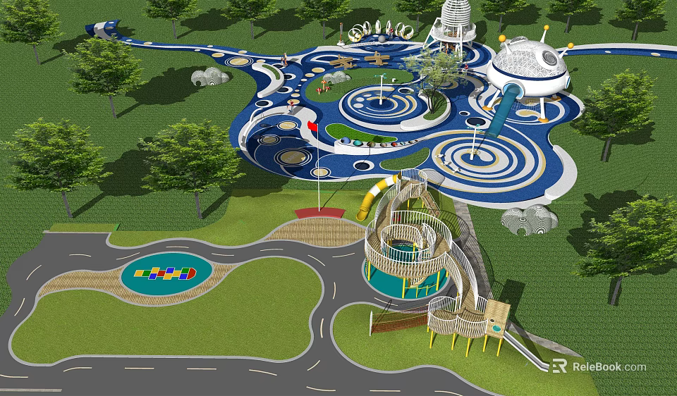 Fun Children's Playground With Blue White Circular Patterns Slides Climbing Structures Green Grass And Trees 3d model 