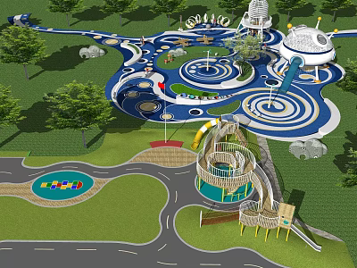Fun Children's Playground With Blue White Circular Patterns Slides Climbing Structures Green Grass And Trees 3d model