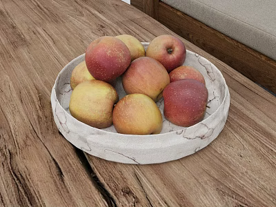 White Ceramic Plate With Fresh Apples On Rustic Wooden Table 3d model