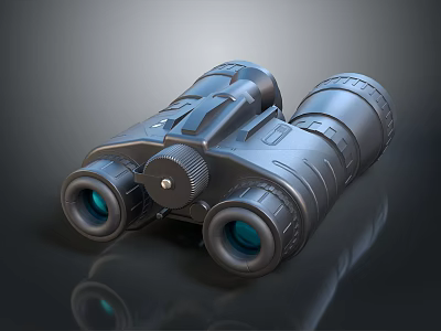 Scenic Landscape Observation With Black Binoculars Featuring Blue Lenses And Reflection 3d model